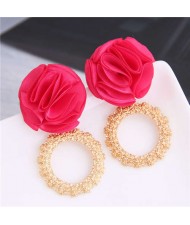 Cloth Flower and Alloy Hoop Design Women Fashion Earrings - Rose