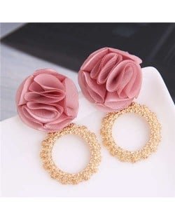 Cloth Flower and Alloy Hoop Design Women Fashion Earrings - Pink