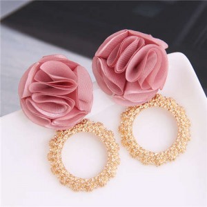 Cloth Flower and Alloy Hoop Design Women Fashion Earrings - Pink