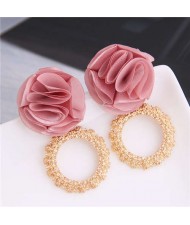 Cloth Flower and Alloy Hoop Design Women Fashion Earrings - Pink