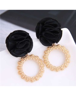 Cloth Flower and Alloy Hoop Design Women Fashion Earrings - Black