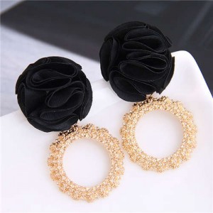 Cloth Flower and Alloy Hoop Design Women Fashion Earrings - Black