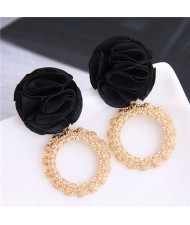Cloth Flower and Alloy Hoop Design Women Fashion Earrings - Black