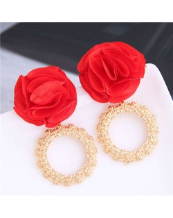 Cloth Flower and Alloy Hoop Design Women Fashion Earrings - Red