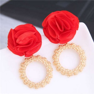 Cloth Flower and Alloy Hoop Design Women Fashion Earrings - Red