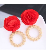 Cloth Flower and Alloy Hoop Design Women Fashion Earrings - Red