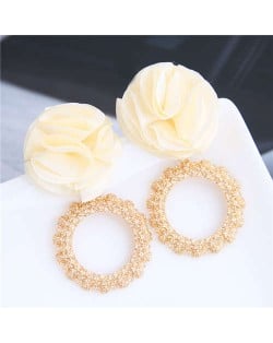 Cloth Flower and Alloy Hoop Design Women Fashion Earrings - White