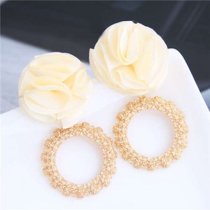 Cloth Flower and Alloy Hoop Design Women Fashion Earrings - White