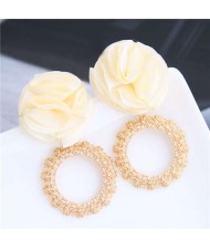 Cloth Flower and Alloy Hoop Design Women Fashion Earrings - White