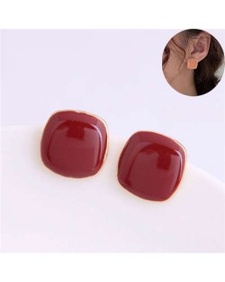 Solid Color Elegant Square Design High Fashion Women Ear Studs - Red