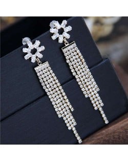 Shining Tassel Cubic Zirconia Flower Design Korean Fashion Copper Women Earrings - Golden