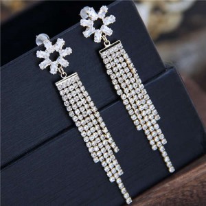 Shining Tassel Cubic Zirconia Flower Design Korean Fashion Copper Women Earrings - Golden