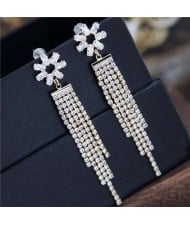 Shining Tassel Cubic Zirconia Flower Design Korean Fashion Copper Women Earrings - Golden