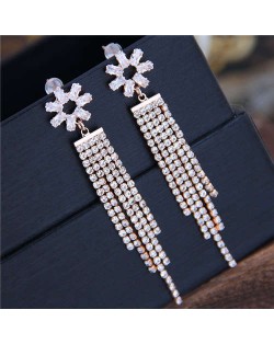 Shining Tassel Cubic Zirconia Flower Design Korean Fashion Copper Women Earrings - Rose Gold