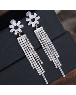 Shining Tassel Cubic Zirconia Flower Design Korean Fashion Copper Women Earrings - Silver