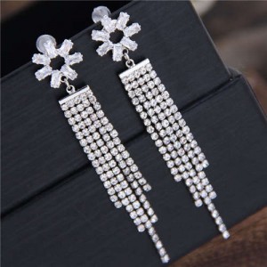 Shining Tassel Cubic Zirconia Flower Design Korean Fashion Copper Women Earrings - Silver