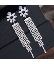 Shining Tassel Cubic Zirconia Flower Design Korean Fashion Copper Women Earrings - Silver