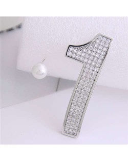 Cubic Zirconia Embellished One and Pearl Asymmetric Design High Fashion Women Earrings - Silver