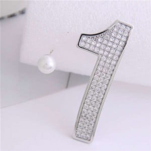Cubic Zirconia Embellished One and Pearl Asymmetric Design High Fashion Women Earrings - Silver