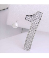 Cubic Zirconia Embellished One and Pearl Asymmetric Design High Fashion Women Earrings - Silver