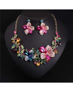 Colorful Rhinestone Bridal Fashion Bib Costume Necklace and Earrings Set