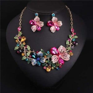 Colorful Rhinestone Bridal Fashion Bib Costume Necklace and Earrings Set