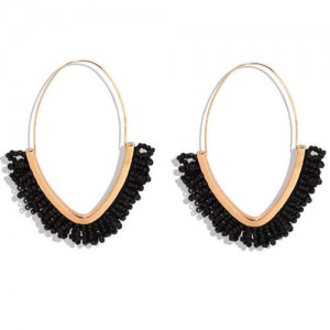 Summer Seashore Fashion Bohemian Style Mini Beads Hoop Earrings - Black