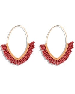 Summer Seashore Fashion Bohemian Style Mini Beads Hoop Earrings - Red