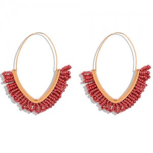 Summer Seashore Fashion Bohemian Style Mini Beads Hoop Earrings - Red