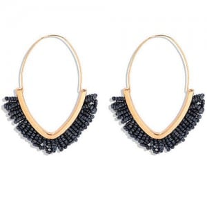 Summer Seashore Fashion Bohemian Style Mini Beads Hoop Earrings - Light Black