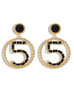 Digit 5 Hollow Round Pendant Design High Fashion Women Alloy Earrings