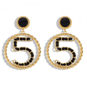 Digit 5 Hollow Round Pendant Design High Fashion Women Alloy Earrings