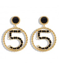 Digit 5 Hollow Round Pendant Design High Fashion Women Alloy Earrings