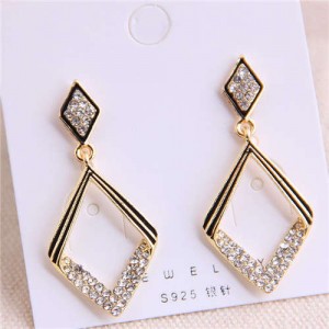 Rhinestone Embellished Rhombus Shape Sweet Korean Fashion Alloy Earrings