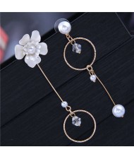 Pearl and Flower Asymmetric Design Dangling Fashion Women Costume Earrings