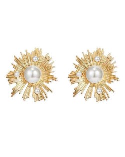 Artificial Pearl Inlaid Golden Flower Design Alloy Women Statement Earrings