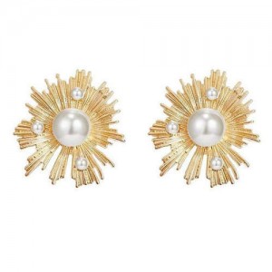 Artificial Pearl Inlaid Golden Flower Design Alloy Women Statement Earrings