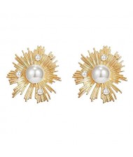 Artificial Pearl Inlaid Golden Flower Design Alloy Women Statement Earrings