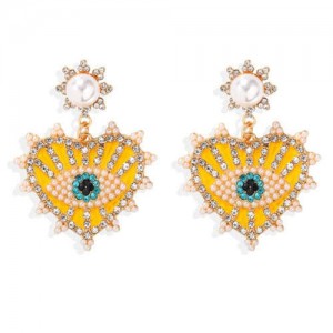 Creative Eye Pattern Heart Dangling Style Alloy Women Fashion Earrings - Yellow