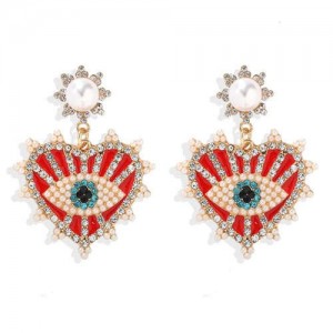 Creative Eye Pattern Heart Dangling Style Alloy Women Fashion Earrings - Red