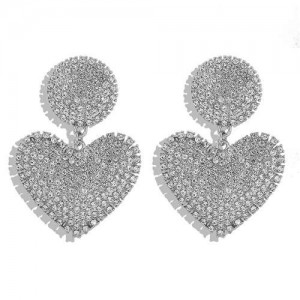Shining Rhinestone Heart Design Korean Fashion Women Costume Earrings - Silver