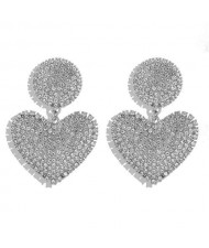 Shining Rhinestone Heart Design Korean Fashion Women Costume Earrings - Silver