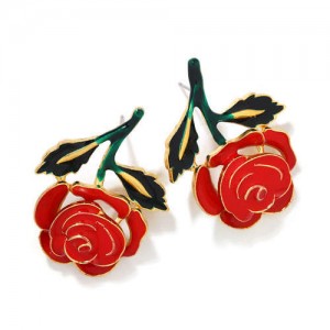 Enamel Rose Design Summer Fashion Women Costume Earrings - Red