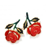 Enamel Rose Design Summer Fashion Women Costume Earrings - Red