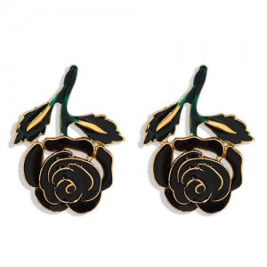 Enamel Rose Design Summer Fashion Women Costume Earrings - Black