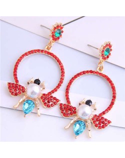 Rhinestone Bee Design Shining Hoop Fashion Women Earrings - Red