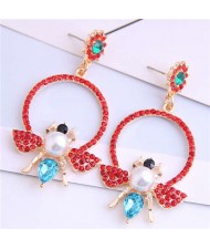 Rhinestone Bee Design Shining Hoop Fashion Women Earrings - Red