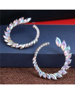 Rhinestone Shining Floral Hoop Design Women Fashion Alloy Earrings - Luminous White