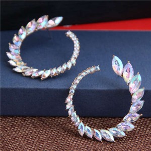 Rhinestone Shining Floral Hoop Design Women Fashion Alloy Earrings - Luminous White