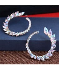 Rhinestone Shining Floral Hoop Design Women Fashion Alloy Earrings - Luminous White